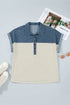 Collared Western Denim Patchwork Half Button Short Sleeve Shirt