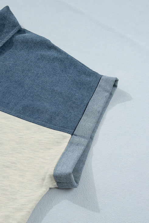 Collared Western Denim Patchwork Half Button Short Sleeve Shirt