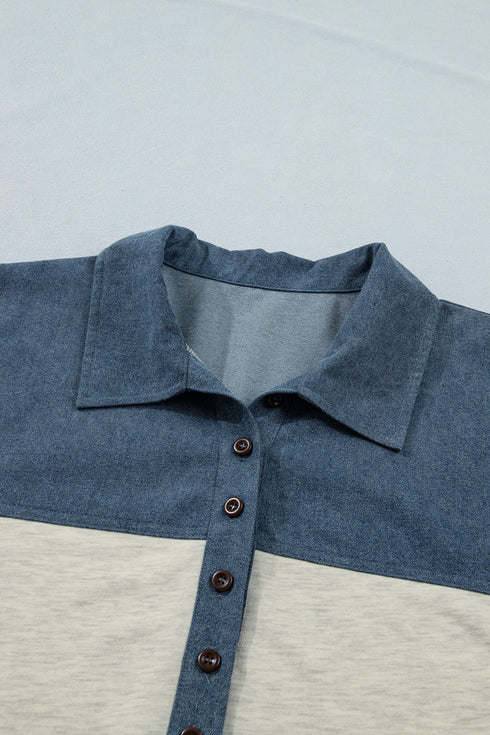 Collared Western Denim Patchwork Half Button Short Sleeve Shirt