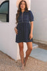 Collared Zip Front Puff Sleeve Denim Mini Dress