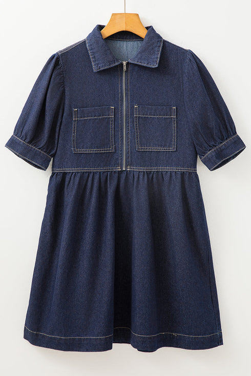 Collared Zip Front Puff Sleeve Denim Mini Dress