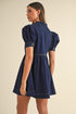 Collared Zip Front Puff Sleeve Denim Mini Dress