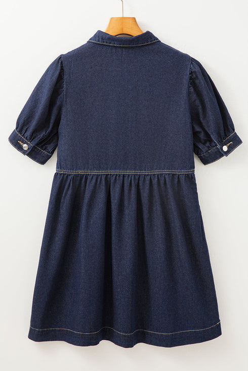 Collared Zip Front Puff Sleeve Denim Mini Dress