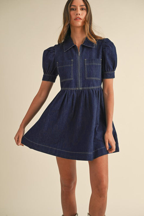 Collared Zip Front Puff Sleeve Denim Mini Dress