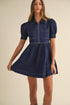 Collared Zip Front Puff Sleeve Denim Mini Dress