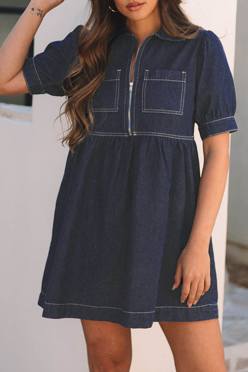 Collared Zip Front Puff Sleeve Denim Mini Dress