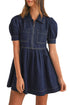 Collared Zip Front Puff Sleeve Denim Mini Dress