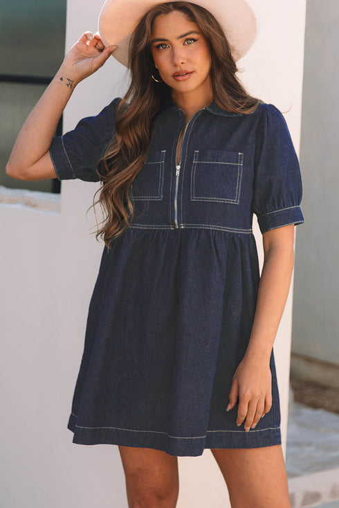 Collared Zip Front Puff Sleeve Denim Mini Dress