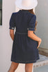 Collared Zip Front Puff Sleeve Denim Mini Dress