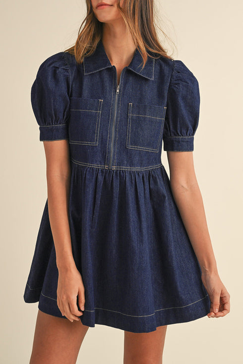 Collared Zip Front Puff Sleeve Denim Mini Dress