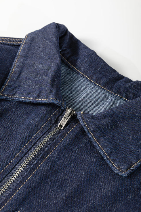 Collared Zip Front Puff Sleeve Denim Mini Dress