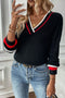 Collegiate Stripe Trim Ribbed V Neck Sweater