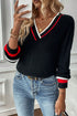 Collegiate Stripe Trim Ribbed V Neck Sweater