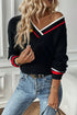 Collegiate Stripe Trim Ribbed V Neck Sweater