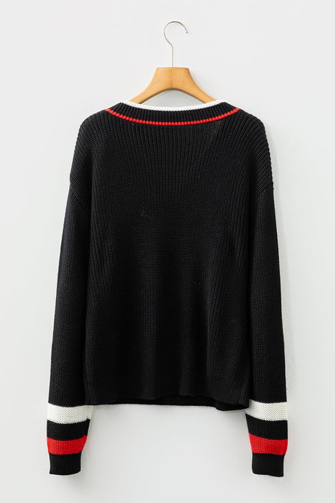 Collegiate Stripe Trim Ribbed V Neck Sweater