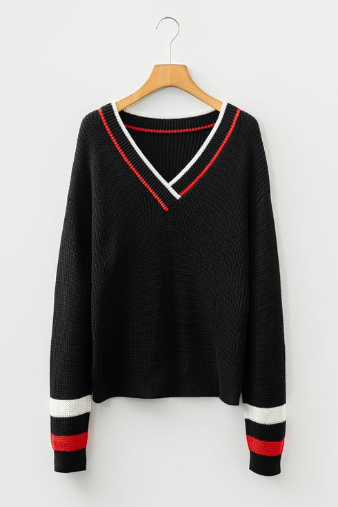 Collegiate Stripe Trim Ribbed V Neck Sweater