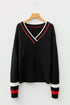 Collegiate Stripe Trim Ribbed V Neck Sweater