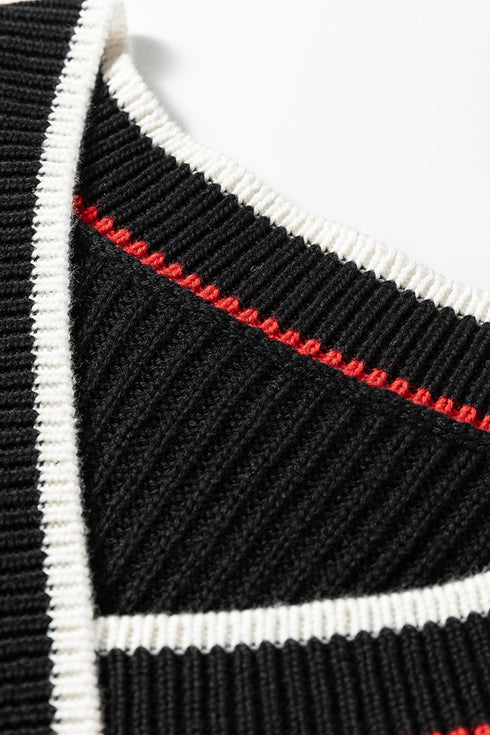 Collegiate Stripe Trim Ribbed V Neck Sweater