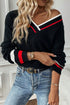 Collegiate Stripe Trim Ribbed V Neck Sweater