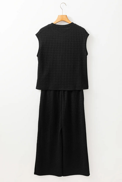 Color Black Sequined Star Textured Cap Sleeve Tee And Cropped Wide Leg Pants Set