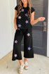 Color Black Sequined Star Textured Cap Sleeve Tee And Cropped Wide Leg Pants Set
