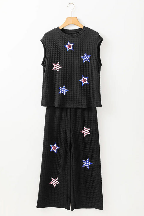 Color Black Sequined Star Textured Cap Sleeve Tee And Cropped Wide Leg Pants Set