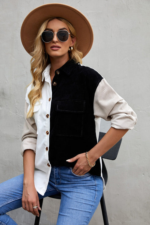 Color Block Button Shirt With Pocket