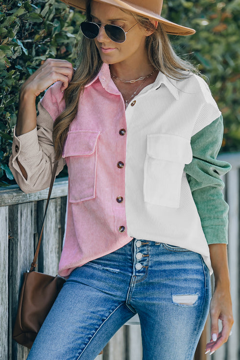 Color Block Button Shirt With Pocket