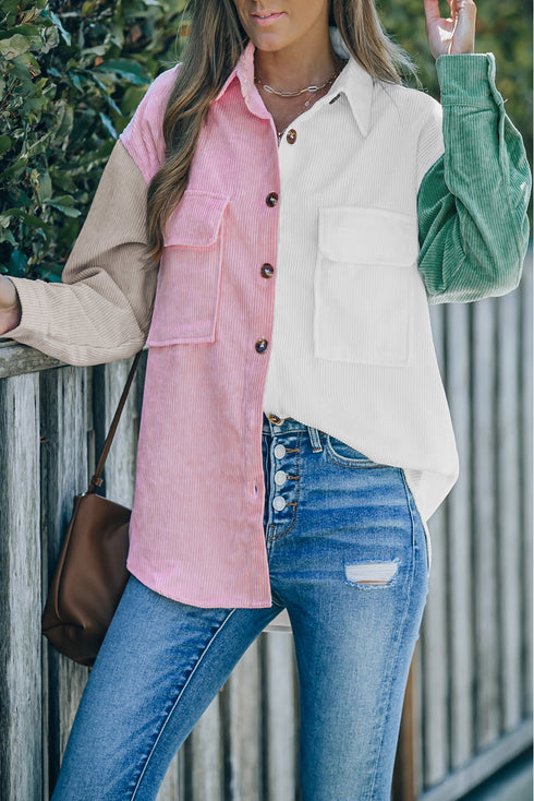 Color Block Button Shirt With Pocket
