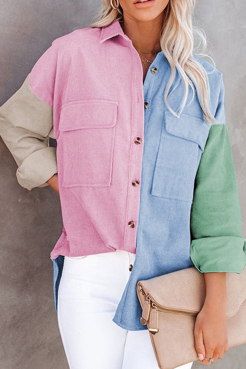Color Block Button Shirt With Pocket
