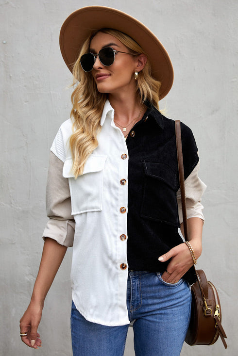 Color Block Button Shirt With Pocket
