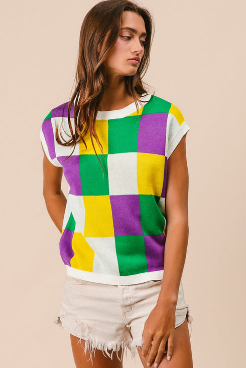 Color Block Cap Sleeve Sweater Tops