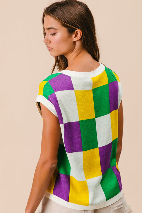 Color Block Cap Sleeve Sweater Tops
