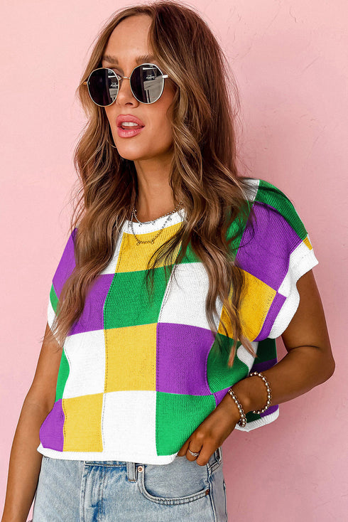 Color Block Cap Sleeve Sweater Tops