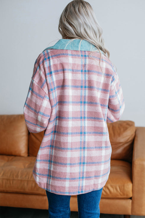 Color Block Collared Flap Pocket Relaxed Plaid Shacket