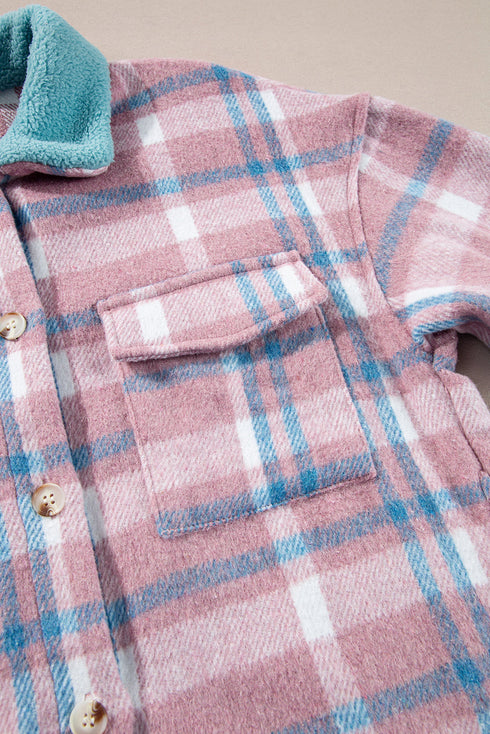 Color Block Collared Flap Pocket Relaxed Plaid Shacket