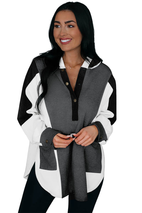 Color Block Exposed Seam Buttoned Neckline Hoodie