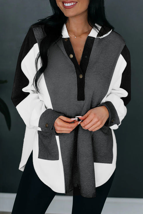 Color Block Exposed Seam Buttoned Neckline Hoodie