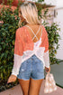 Color Block Eyelet Long Sleeve Twisted Back Knit Top