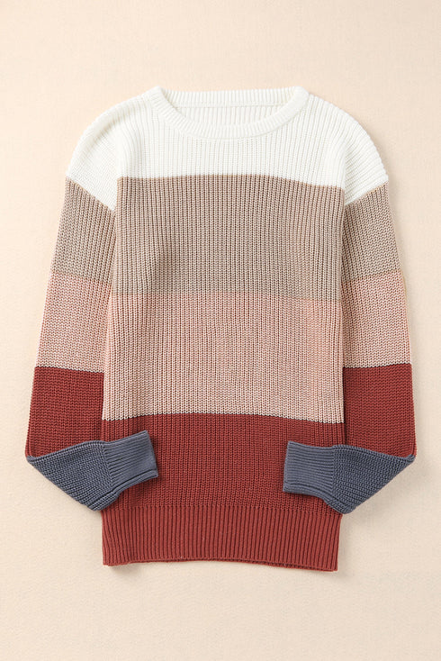 Color Block Knitted O-Neck Pullover Sweater