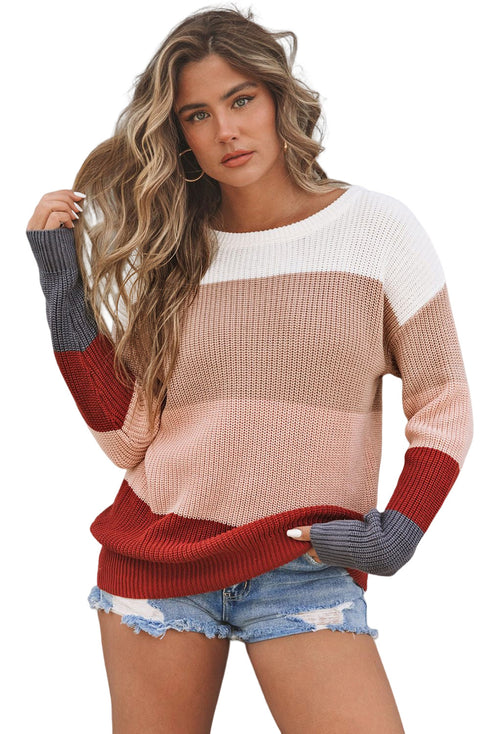 Color Block Knitted O-Neck Pullover Sweater