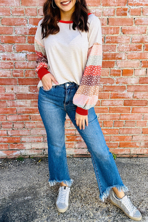 Color Block Leopard Balloon Sleeve Waffle Knit Top