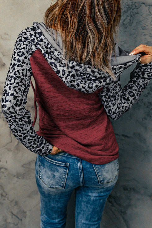 Color Block Leopard Long Sleeves Hoodie