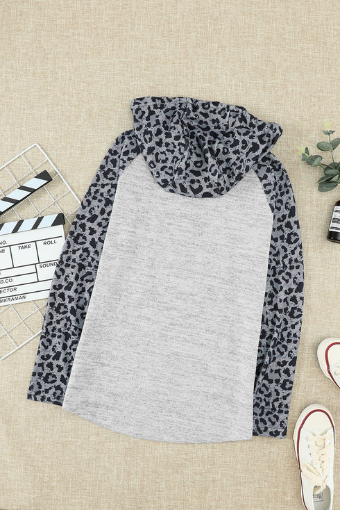 Color Block Leopard Long Sleeves Hoodie