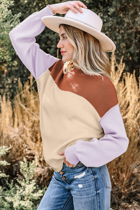 Color Block Mock Neck Drop Shoulder Knit Sweater
