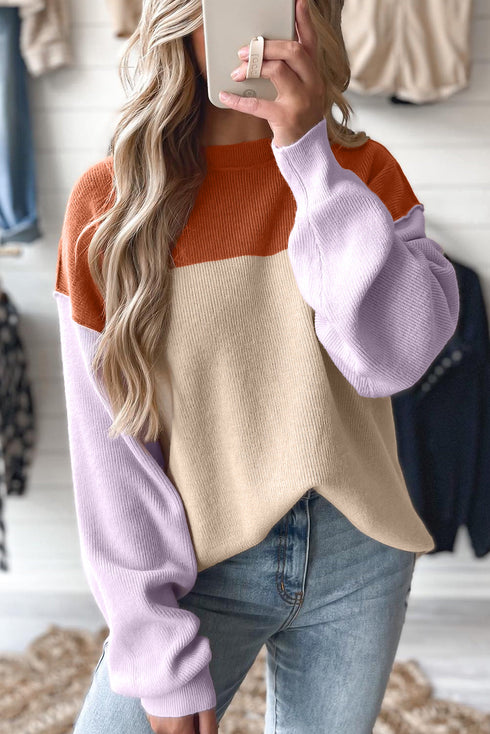 Color Block Mock Neck Drop Shoulder Knit Sweater