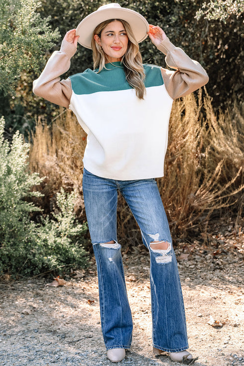 Color Block Mock Neck Drop Shoulder Knit Sweater