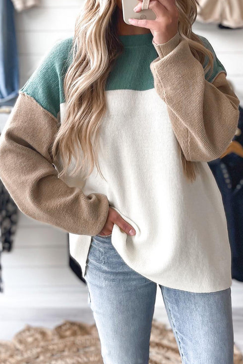 Color Block Mock Neck Drop Shoulder Knit Sweater