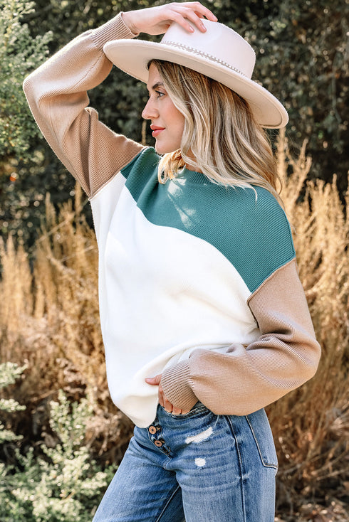 Color Block Mock Neck Drop Shoulder Knit Sweater