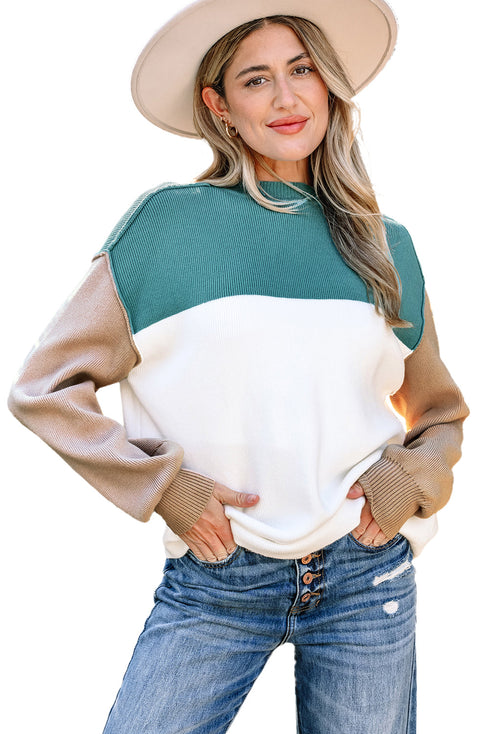 Color Block Mock Neck Drop Shoulder Knit Sweater